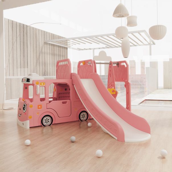 PREMIUM STIL Dečiji roze vozić sa toboganom, ljuljaškom i ostavom za igračke - 11871-1