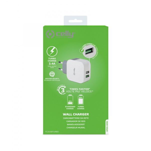 CELLY Turbo kućni punjač sa dva USB ulaza, bela - TC2USBTURBO