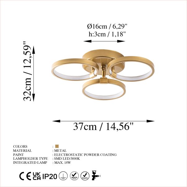 OPVIQ LED plafonjera Halka-13311, zlatna - EP3007968