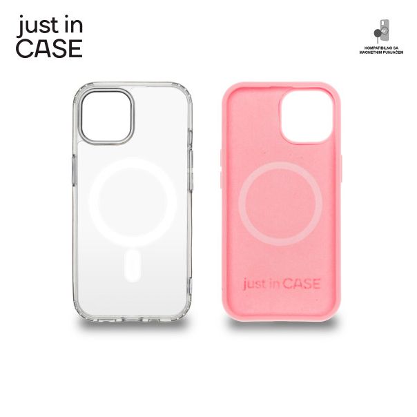 JUST IN CASE Silikonska maska Magsafe 2u1 za iPhone 15 Plus, providna/roze - MAGPL114PK