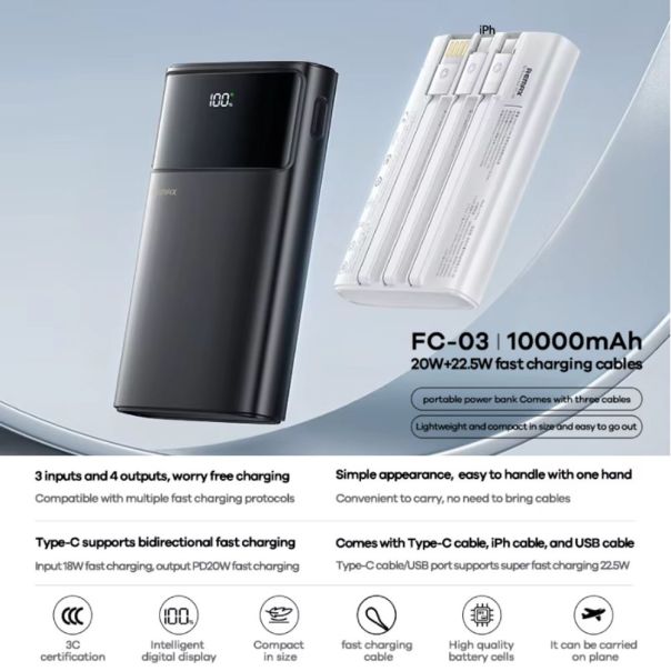 Power bank prenosiva baterija REMAX FC-03 20W+22.5W 10000mAh crna - 223637