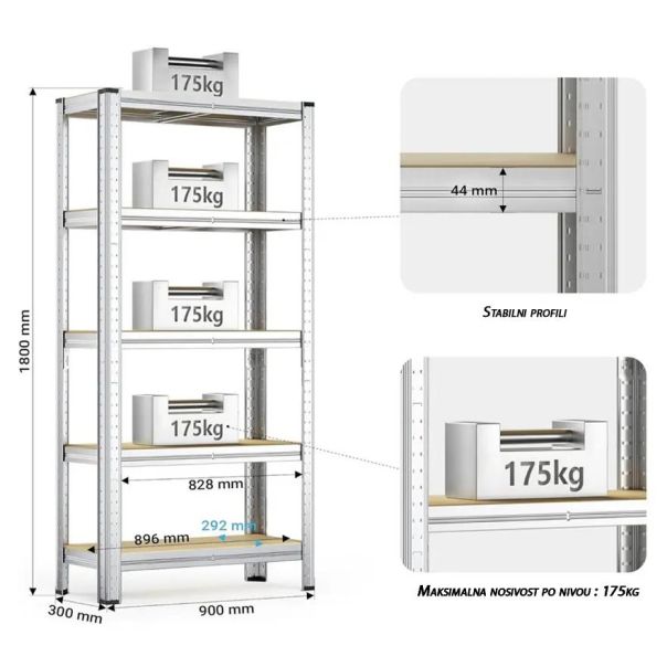SuperHome 180x90x30cm 175Kg Metalna Montažna Polica - 1599-1