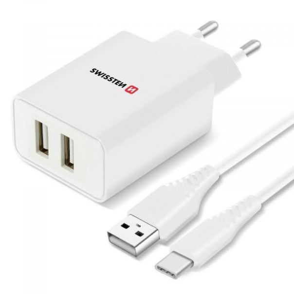 SWISSTEN Punjač 2x USB 2,1A+ kabl Type C 1,2m, bela - 80067