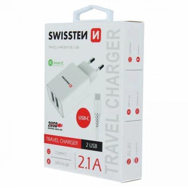 SWISSTEN Punjač 2x USB 2,1A+ kabl Type C 1,2m, bela - 80067