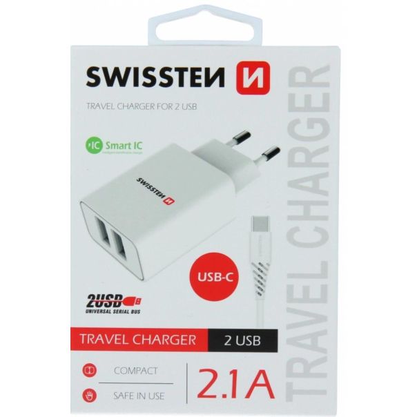 SWISSTEN Punjač 2x USB 2,1A+ kabl Type C 1,2m, bela - 80067