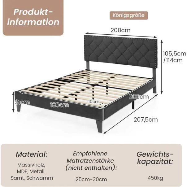 Tapaciran Krevet sa Drvenim Letvicama 200x180cm - 1677-1-1