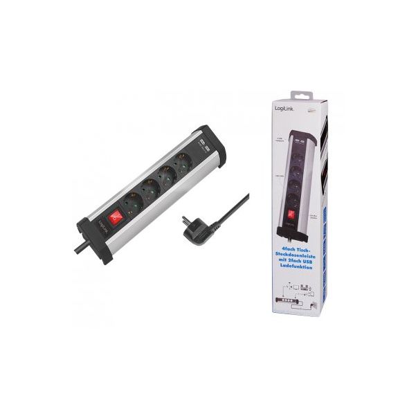 LOGILINK Produžni kabl 4 mesta, 2 USB, prekidač, stalak, 1.5m, aluminium (4798) - 171294
