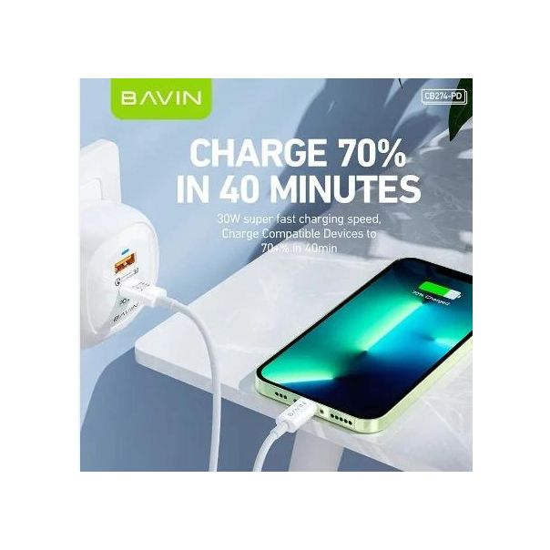 BAVIN Kabl 30W, Type-C na Ligtning, bela - 90124