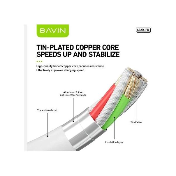 BAVIN Kabl 30W, Type-C na Ligtning, bela - 90124