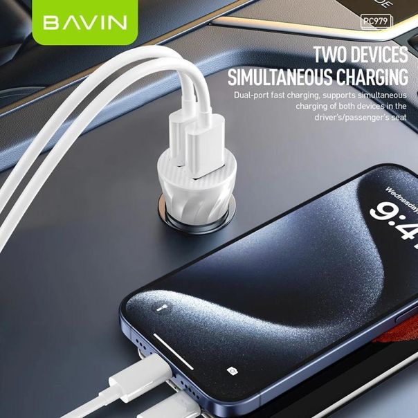 BAVIN Auto punjač 2xUSB + kabl type-C, crna - 90044