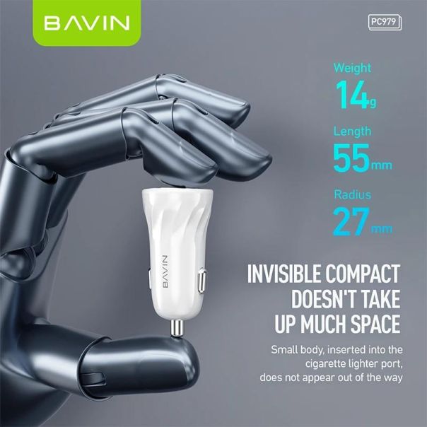 BAVIN Auto punjač 2xUSB + kabl type-C, crna - 90044