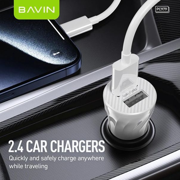 BAVIN Auto punjač 2xUSB + kabl type-C, crna - 90044