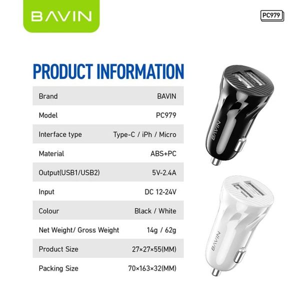 BAVIN Auto punjač 2xUSB + kabl type-C, crna - 90044