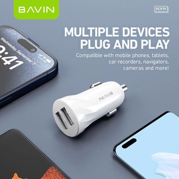 BAVIN Auto punjač 2xUSB + kabl Lightning, crna - 90045