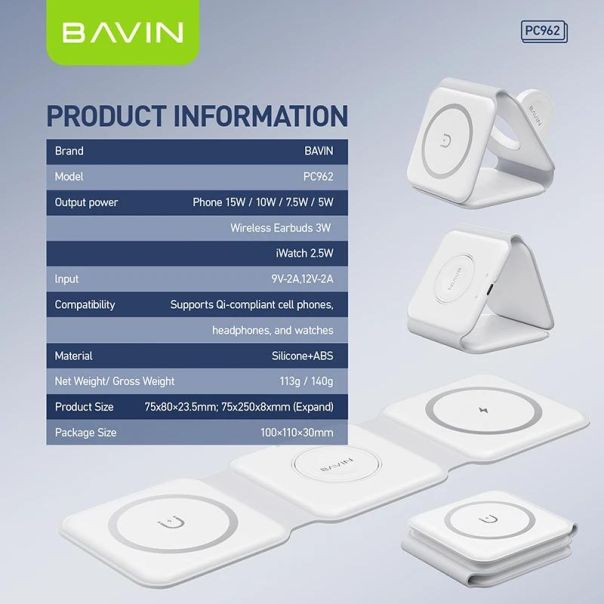 BAVIN Bežični punjač 3u1 Magnetic, bela - 90046