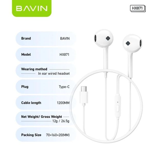 BAVIN Slušalice za telefon type-C, bela - 90217