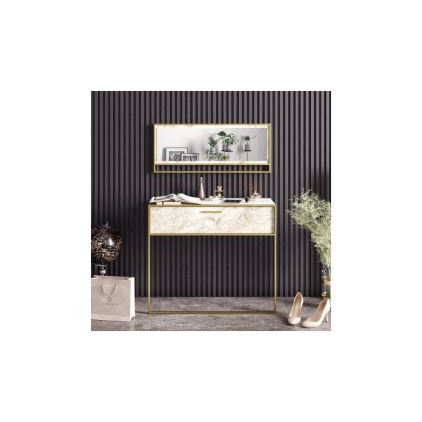 HANAH HOME Komoda Polka Aynalı, bela/zlatna - 172423