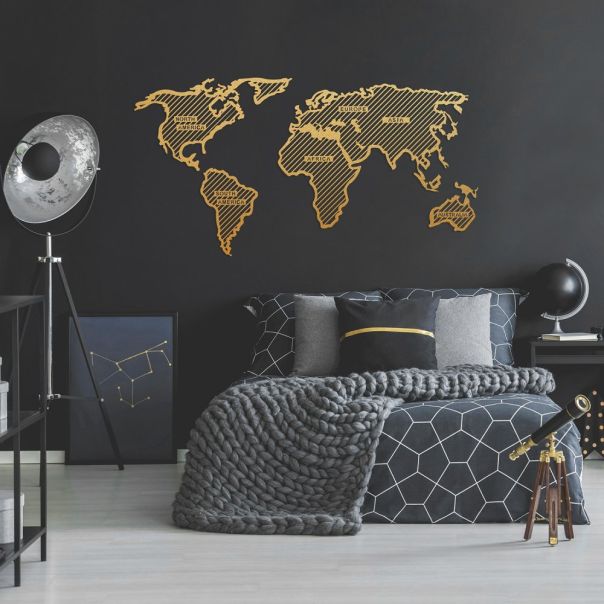 WALLXPERT Zidna dekoracija World Map In The Stripes Gold (120 x 65) - 175206