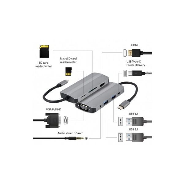 GEMBIRD Tip-C 8-u1 multiport USB hub (A-CM-COMBO8-02) - 175840