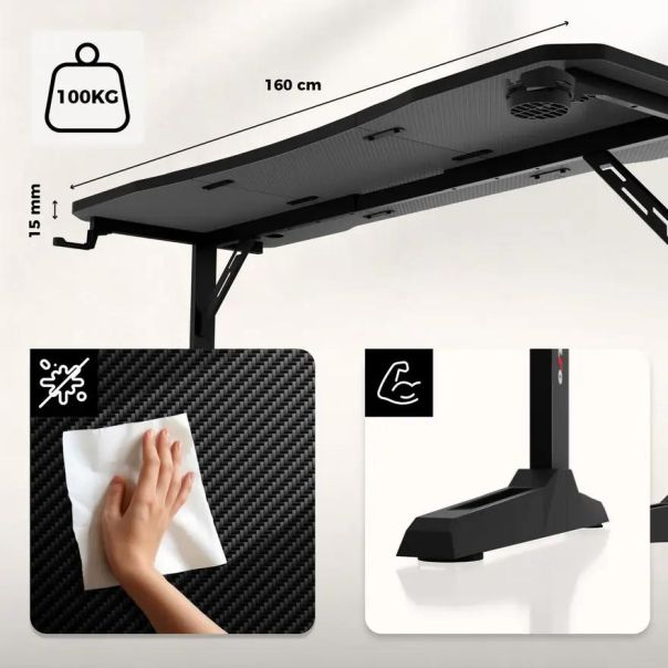 Huzaro Hero 4.6 Crni Podesivi Gaming sto 160x60cm - 1847-1-1