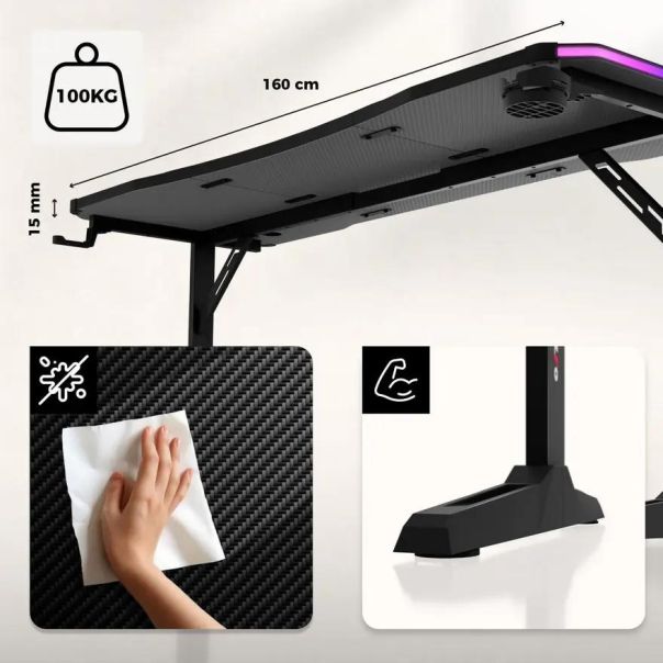 Huzaro Hero 4.6 Crni RGB Podesivi Gaming sto 160x60cm - 1848-1-1