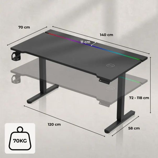 Huzaro Hero 8.7 Crni RGB Električni podesivi sto 140x70cm - 1855-1