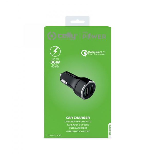 CELLY Ultra Turbo auto punjač od 36w - CC2USBQC30BK