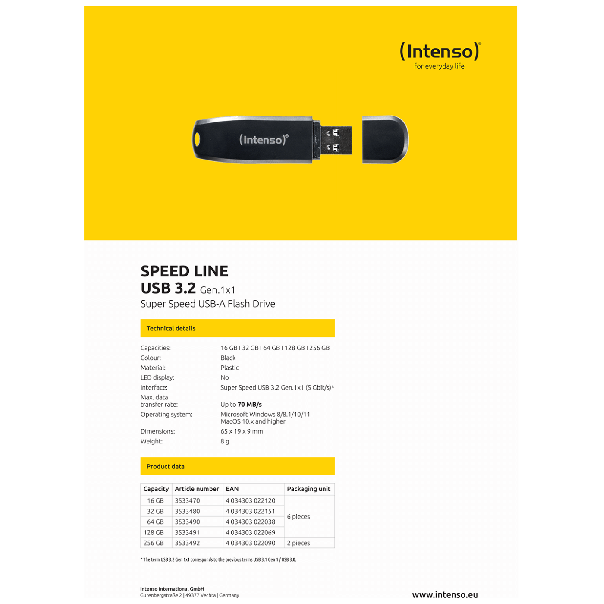 (Intenso) USB Flash drive 64GB Hi-Speed USB 3.2, SPEED Line - USB3.2-64GB/Speed Line - EP2952502