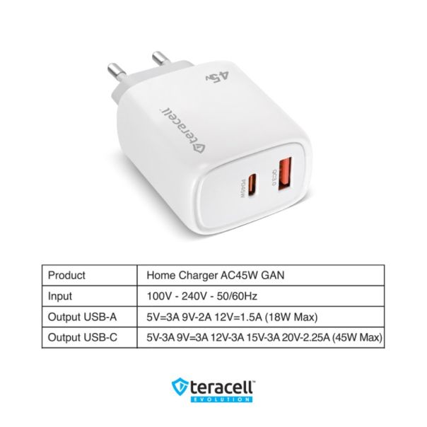 Kucni punjac Teracell Evolution TC-19, GAN, QC, PD Fast charging 45W beli CE - 223690