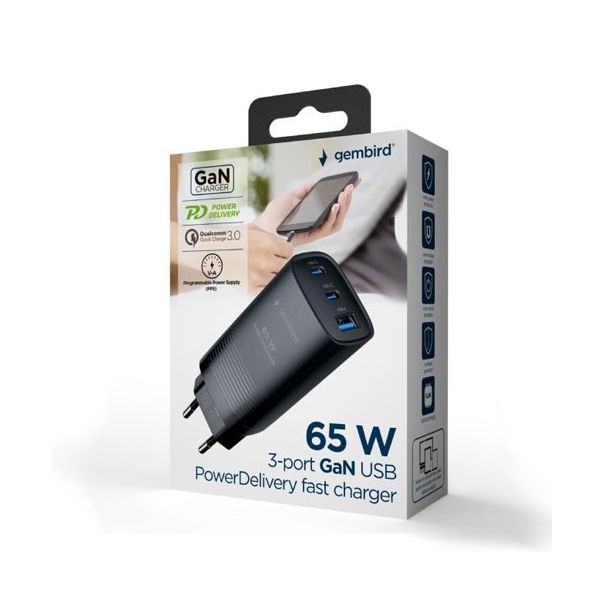 GEMBIRD Brzi punjač 3-port 65 W GaN USB PowerDelivery TA-UC-PDQC65-01-BK, crna - 45562