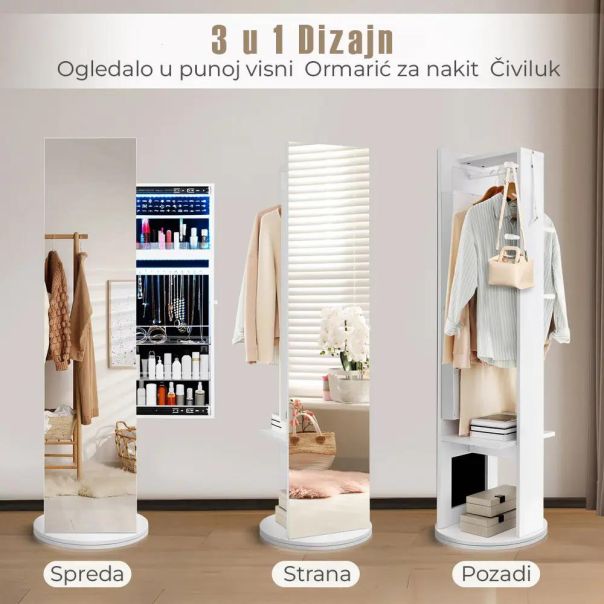 Okretno Ogledalo sa Čivilukom i LED Ormarićem Beli - EP2931882