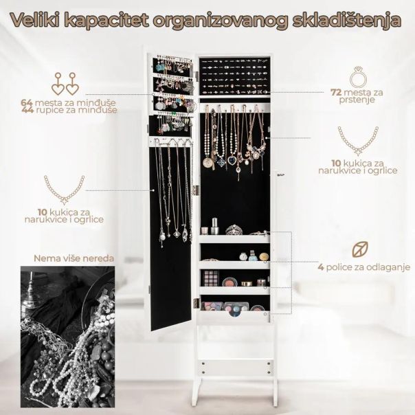 Samostojeći ormar saogledalom za nakit 144cm Beli - EP2931942