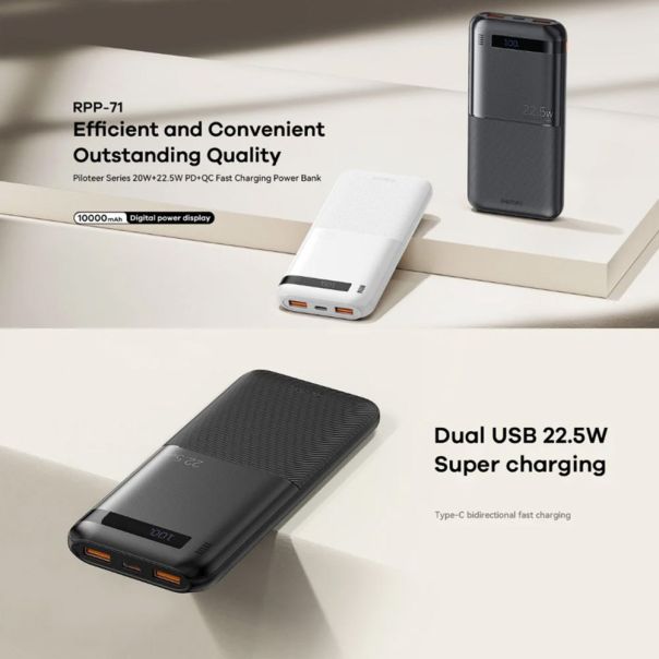 Power bank prenosiva baterija REMAX Piloteer Series RPP-71 20W+22.5W Fast Charging 10000mAh crni - 217156