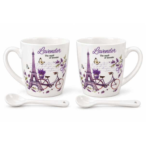 MKS Set keramičkih šolja za kafu 2/1 sa kašičicama  – Lavender, motiv lavande i Pariza - EP3335813