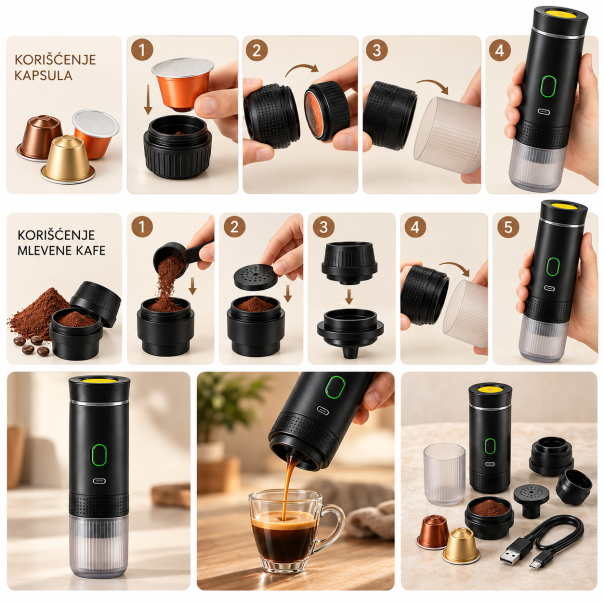 Prenosivi aparat za espreso, za kapsule i mlevenu kafu, USB-C - EP3286110