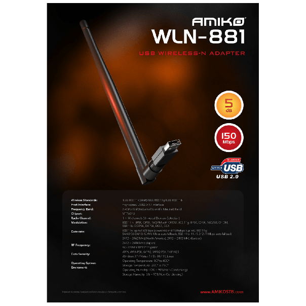 Amiko Wi-Fi mrežna kartica, USB, 2.4 GHz, 5 dB, 150 Mbps - WLN-881 - EP2952514