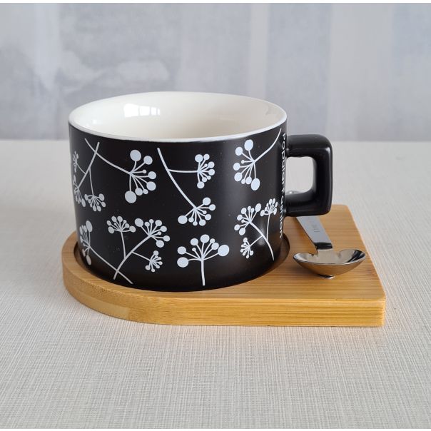 DEKOR DOM Šolja CYLINDER FLOWERS BLACK C1 - N02 - 022627