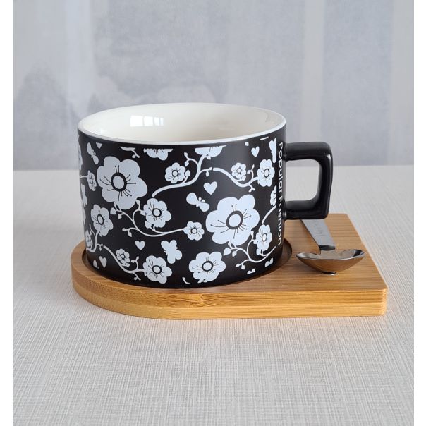 DEKOR DOM Šolja CYLINDER FLOWERS BLACK C1 - N02 - 022627