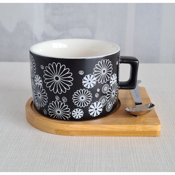 DEKOR DOM Šolja CYLINDER FLOWERS BLACK C1 - N02 - 022627