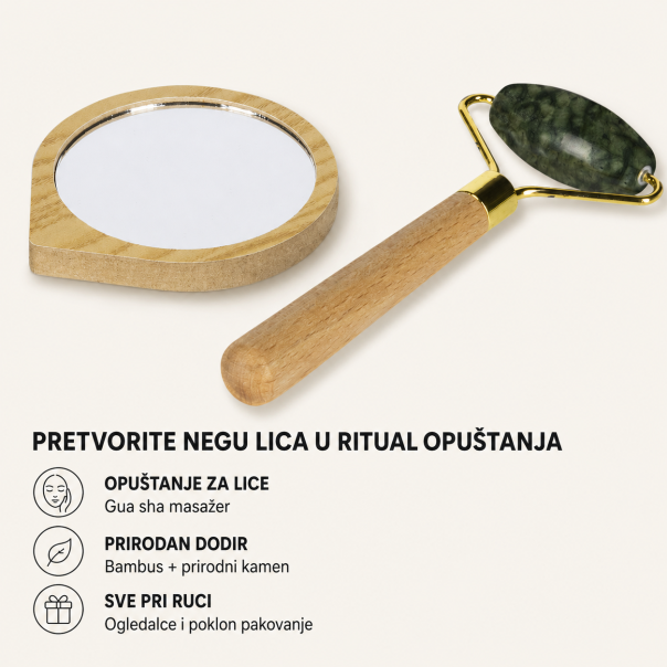 Set za negu lica DERMA 2u1 - gua sha masažer + ogledalce, bambus, poklon set - EP3246700