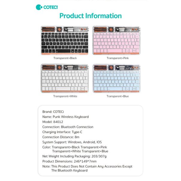Tastatura Coteci Punk 84012 Wireless transparent plava - EP3055708