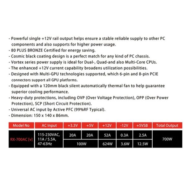 RAIDMAX Napajanje 700W Vortex RX-700AC-V, Crno 80+ Bronze - 25285-1-1-1