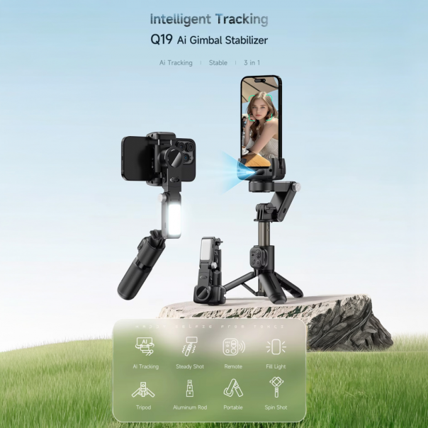 Tripod stabilizator Q19 smart AI sa selfie stickom i LED svetlom crni - EP2851133