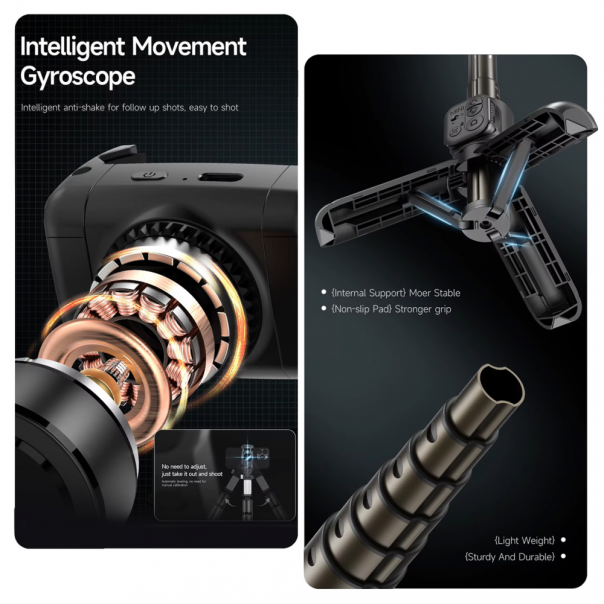 Tripod stabilizator Q19 smart AI sa selfie stickom i LED svetlom crni - EP2851133