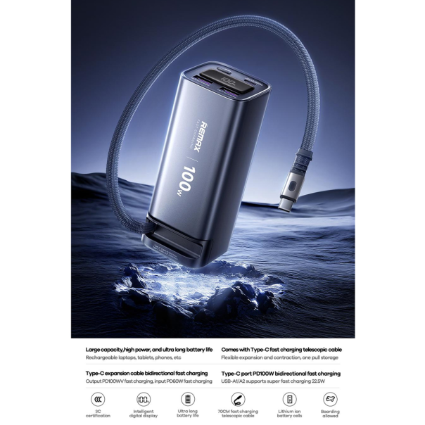 Power bank prenosiva baterija REMAX FC-22 100W sa teleskopskim kablom 20000mAh siva - 224806
