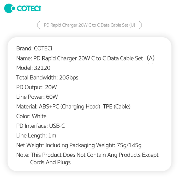 Kućni punjač Coteci 32120 20W sa PD na Type C kablom beli - 225278