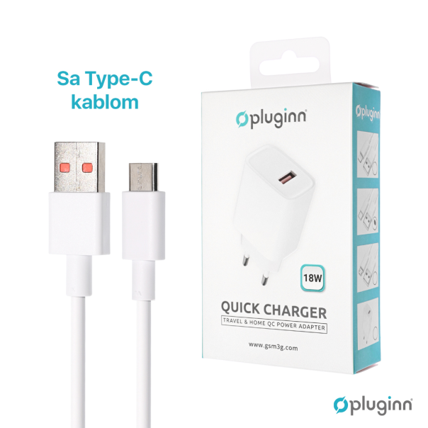 Kućni Punjač Pluginn AJ-18 QC3.0 18W sa Type C kablom beli CE - 225461