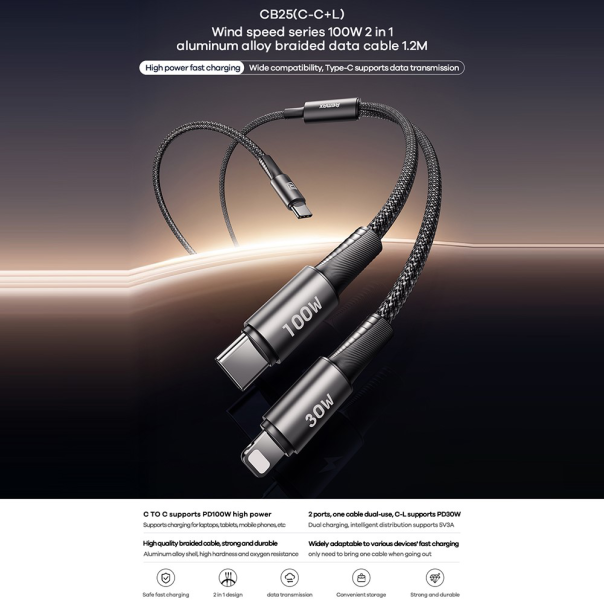 Data kabl REMAX Wind speed CB25 100W 2u1 Type C na Type C/Lightning 1.2m - EP2893937