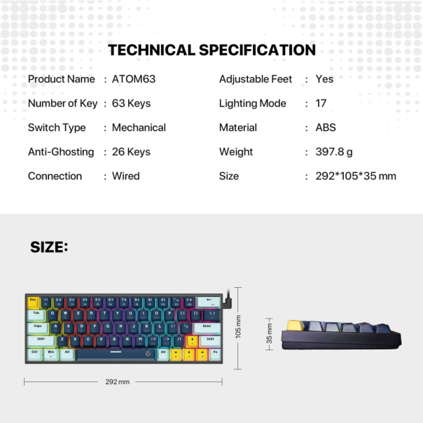 Tastatura mehanička Gaming Fantech MK874V2 RGB Atom 63 Mizu SkyBlue (rosie switch) - EP2870899