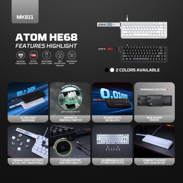 Tastatura Wired Magnetic Gaming Fantech MK811 RGB Atom HE68 crna (emerald switch) - EP2870935